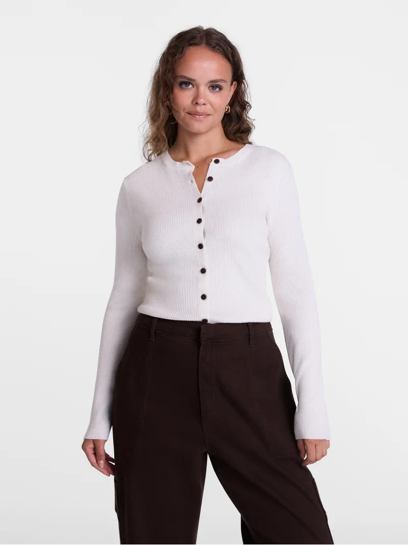 Scenario Women's and Women's Plus Ribbed Crewneck Cardigan Sweater, Lightweight, Sizes XS-4X | Walmart (US)