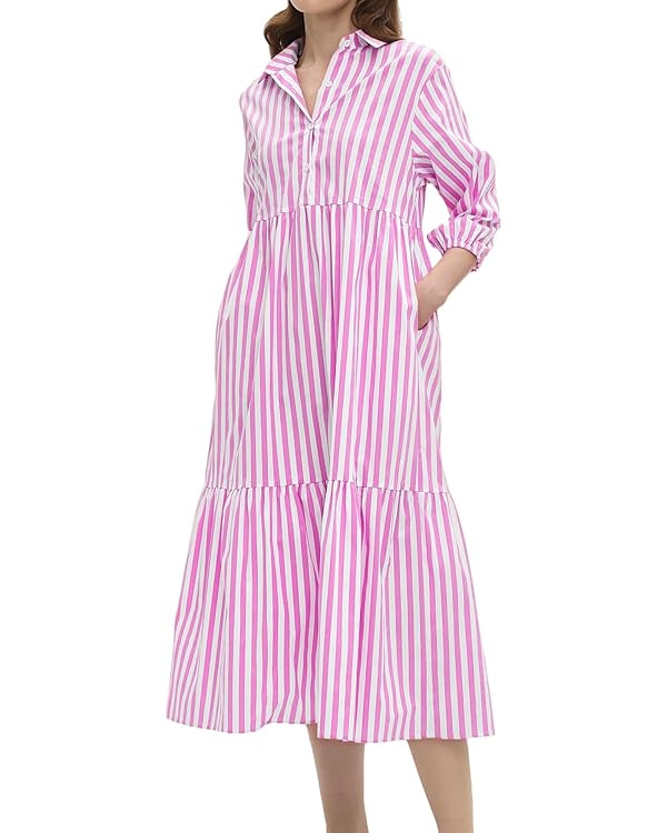 Womens Babydoll Striped Shirt Midi Dress Puff Long Sleeve Collared Button Tunic Flowy Swing Dress... | Amazon (US)