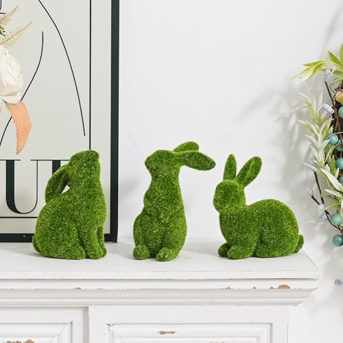 AOMOONOA Resin Flocked Bunny Figurines Set of 3, Artificial Green Moss Bunnies for Easter Decor, Small Decorative Rabbit Statues for Home Decor, Spring Tabletop Centerpiece, Outdoor Decorating | Amazon (US)