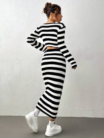 Striped Cropped Sweater & Fitted Sweater Dress Two-piece Set | SHEIN
