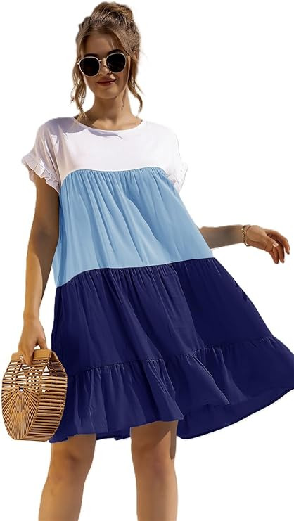 Women's Colorblock Short Sleeve Loose Fit Tiered Ruffle Pleated Baby Doll Mini Dress | Amazon (US)