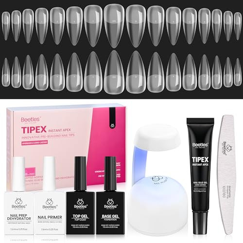 Beetles Tipex Instant Apex Nail Tips Kit – Stiletto Medium, Pre-Building Pre-Etched Thick Acrylic Tips with Tipex Nail Glue, Dehydrator, Primer, Base & Top Coat, Mini UV Lamp 224PCS in 16 Sizes | Amazon (US)