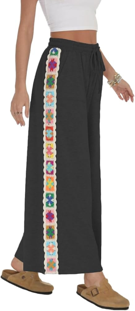 Womens Wide Leg Pants Stretch Casual Drawstring Waist Loose Lounge Sweatpants Crochet Panel Pant ... | Amazon (US)