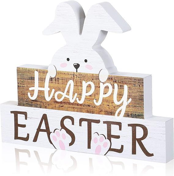 Jetec Happy Easter Bunny Table Sign Easter Wooden Block Table Sayings Easter Wooden Table Decor R... | Amazon (US)