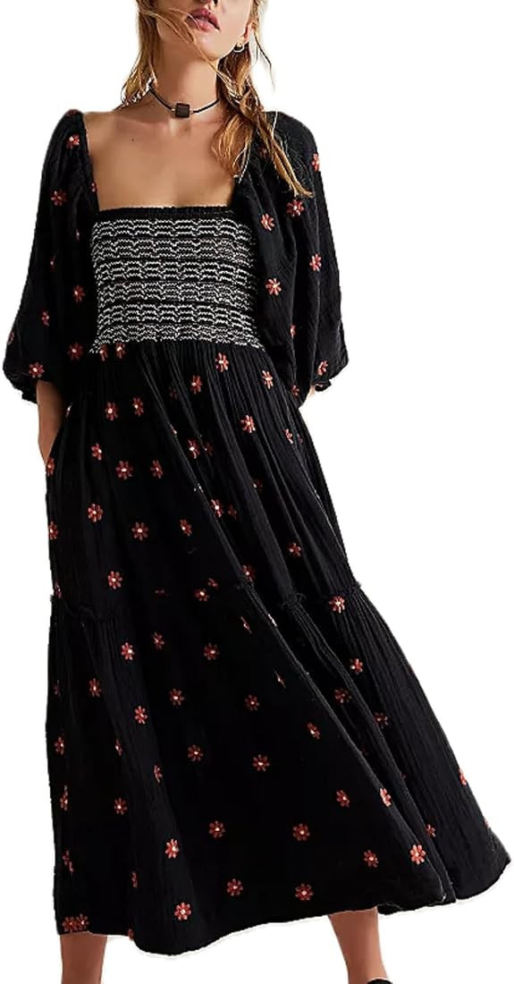 Argeousgor Women 2023 Bohemian Floral Dress Square Neck Ruffle Swing A Line Maxi Dress Long Sleev... | Amazon (US)