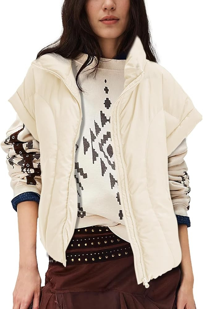 Womens Cropped Puffer Vest Oversized Padded Jackets Stand Collar Cap Sleeve Zip Up Coat 2024 Wint... | Amazon (US)