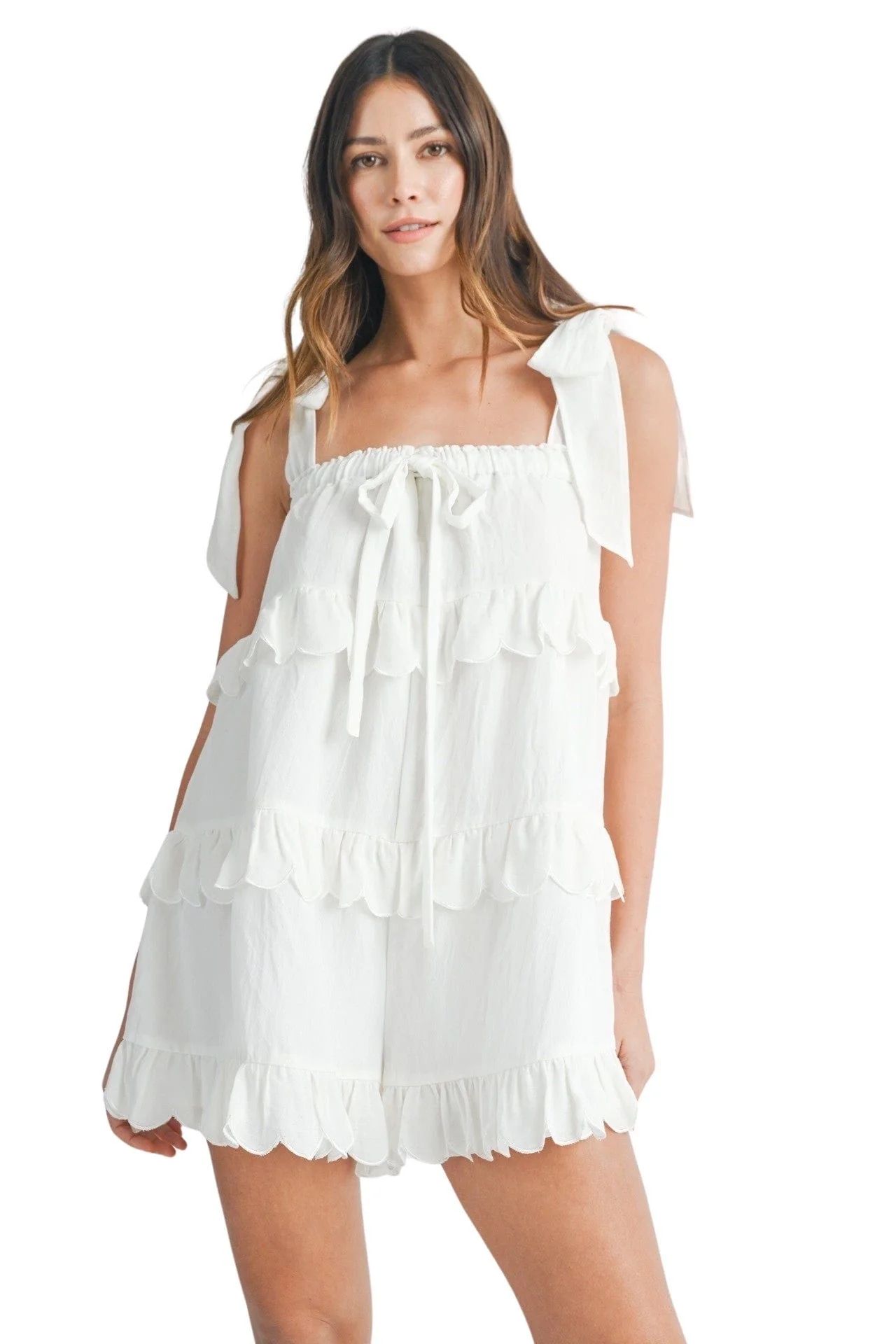 White ruffled tiered romper with scalloped trim | Mulberry & King