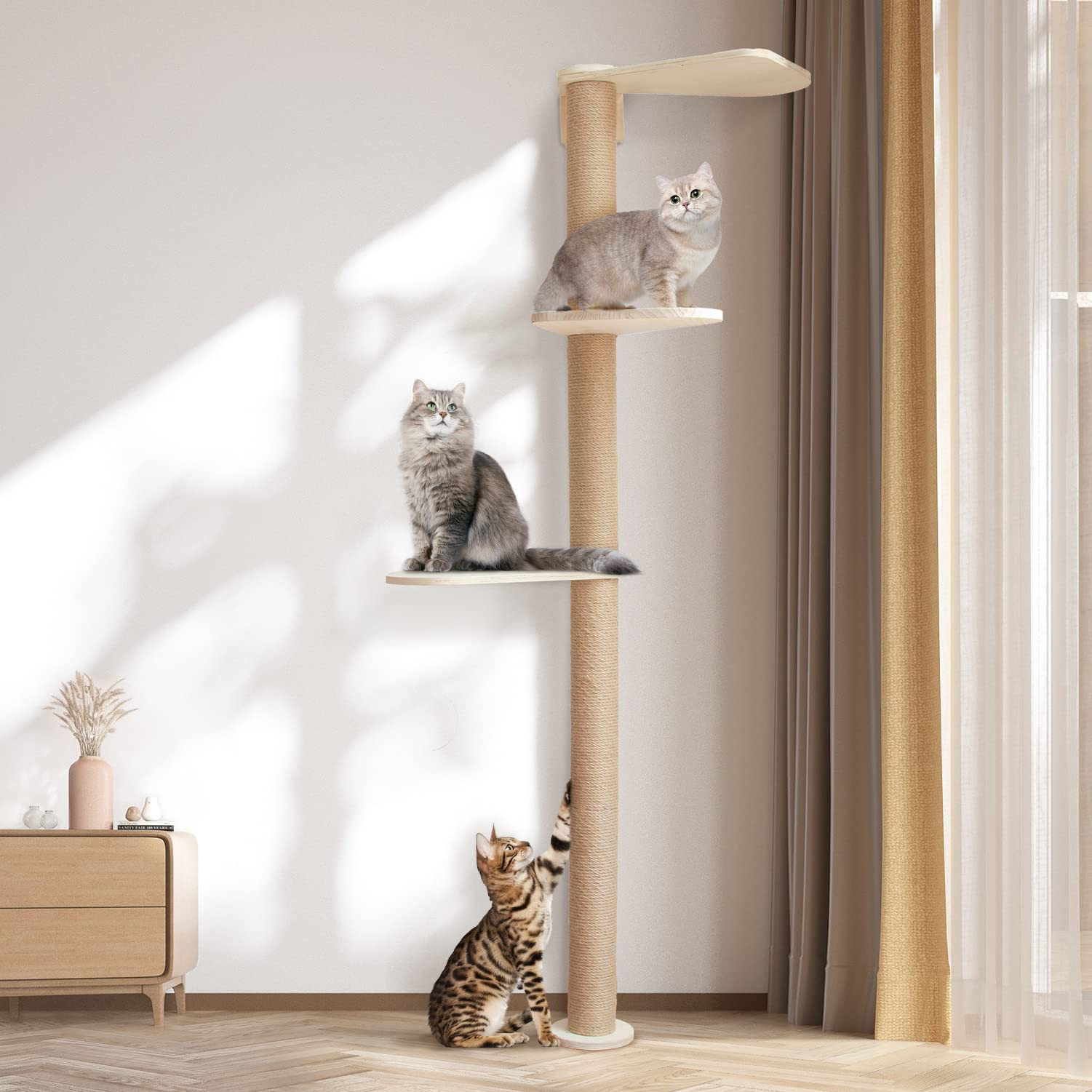 Wood Cat Tower Floor to Ceiling Adjustable, Tree Tall Cat Scratching Post, Cat Tree with 3-Tier Floor for Climb, Cat Climbing Tower Vertical with Natural Sisal Rope | Amazon (US)