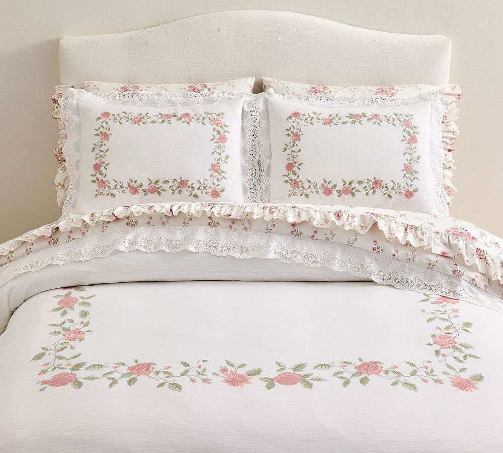LoveShackFancy Pink Embroidered Rose Duvet Cover, Multi, King/Cal. King | Pottery Barn (US)