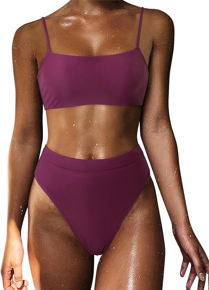 MOSHENGQI Women High Wasited Bikini Shoulder Strap 2 Piece High Cut String Swimsuits | Amazon (US)