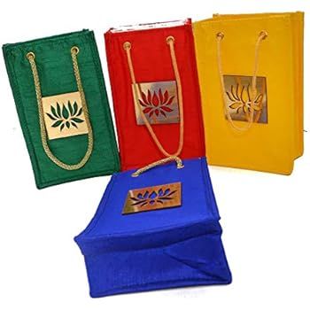 Desi Favors Set of 4 Sturdy Raw Silk with Lotus Gift Favor Bags for Weddings Housewarming Puja Re... | Amazon (US)