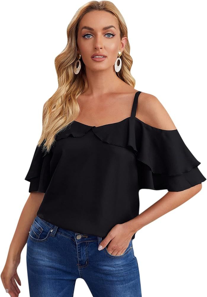 SheIn Women's Cute V Neck Cold Shoulder Short Sleeve Strappy Top Blouse | Amazon (US)