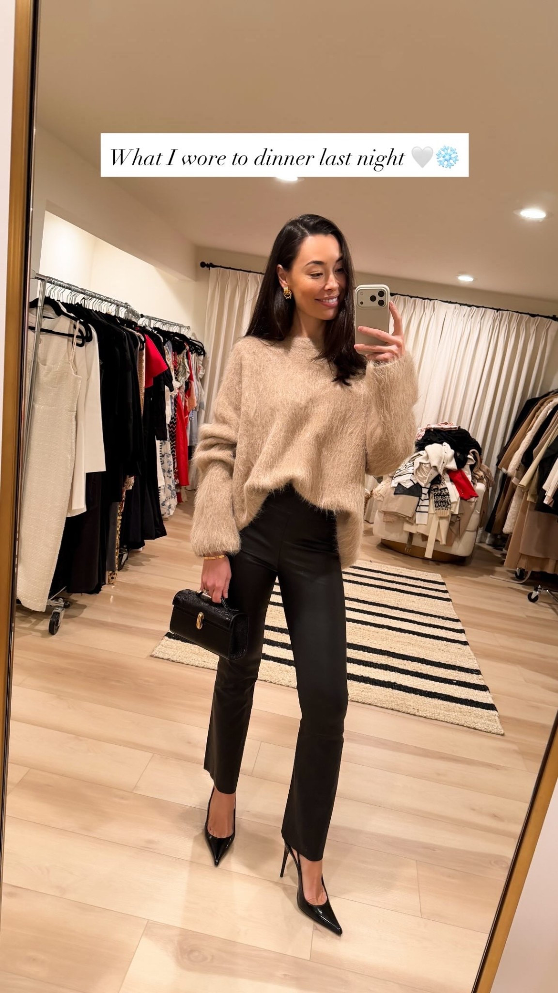 What I wore to dinner last night 🤍❄️ winter outfit, date night outfit, fall outfit, Kat Jamieson style, Toteme fuzzy sweater, leather pants, Saint Laurent pumps, Savette bag. 

#LTKdayinmylife #LTKootd #LTKSeasonal