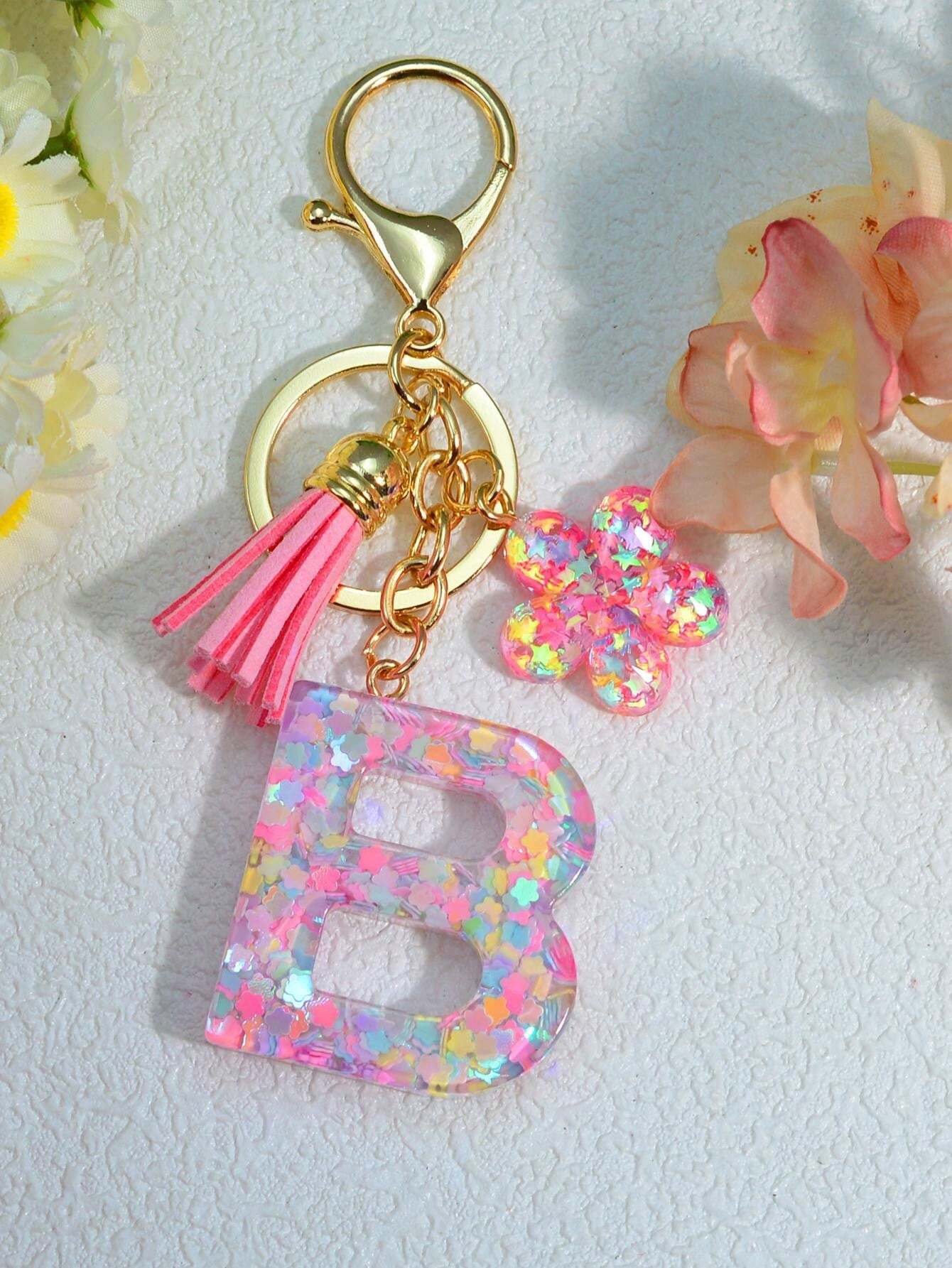 1pc Pink Sequin Letter Keychain, Resin Keyring Pendant, Personalized Backpack Decoration, Floral ... | SHEIN