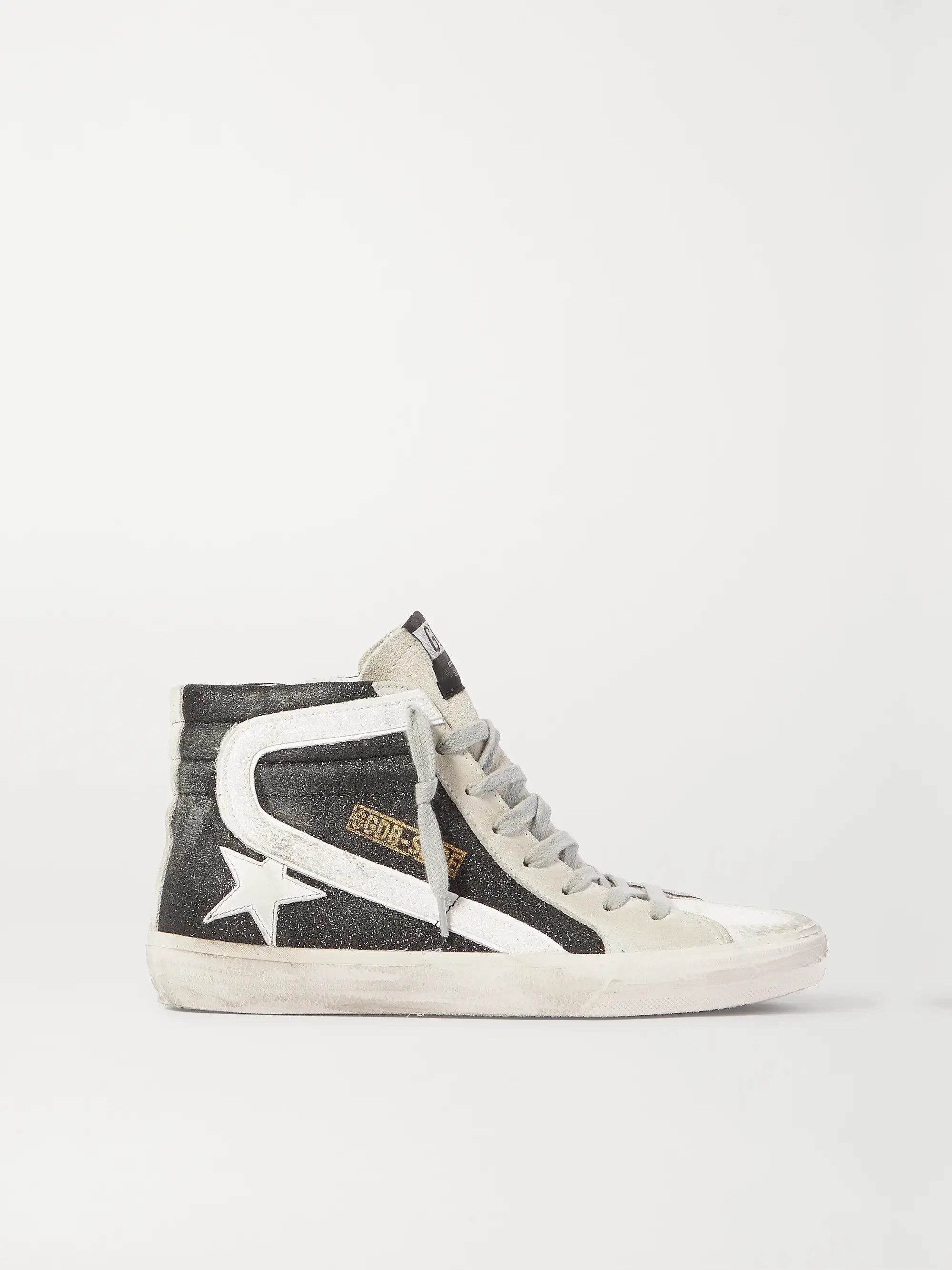 Slide glittered distressed suede high-top sneakers | NET-A-PORTER (US)