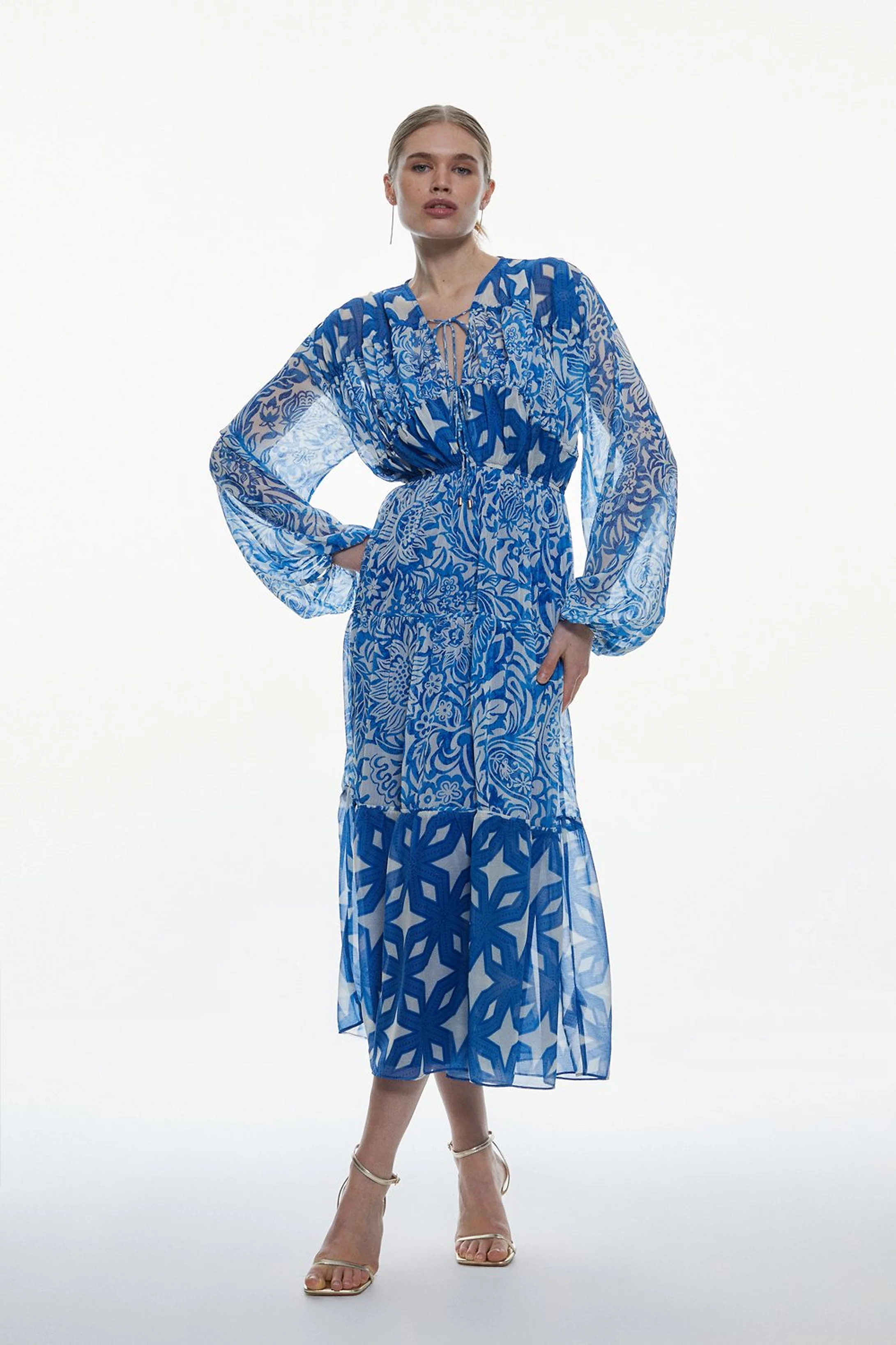 Floral Paisley Crinkle Shirred Tiered Woven Maxi Dress | Karen Millen UK + IE + DE + NL