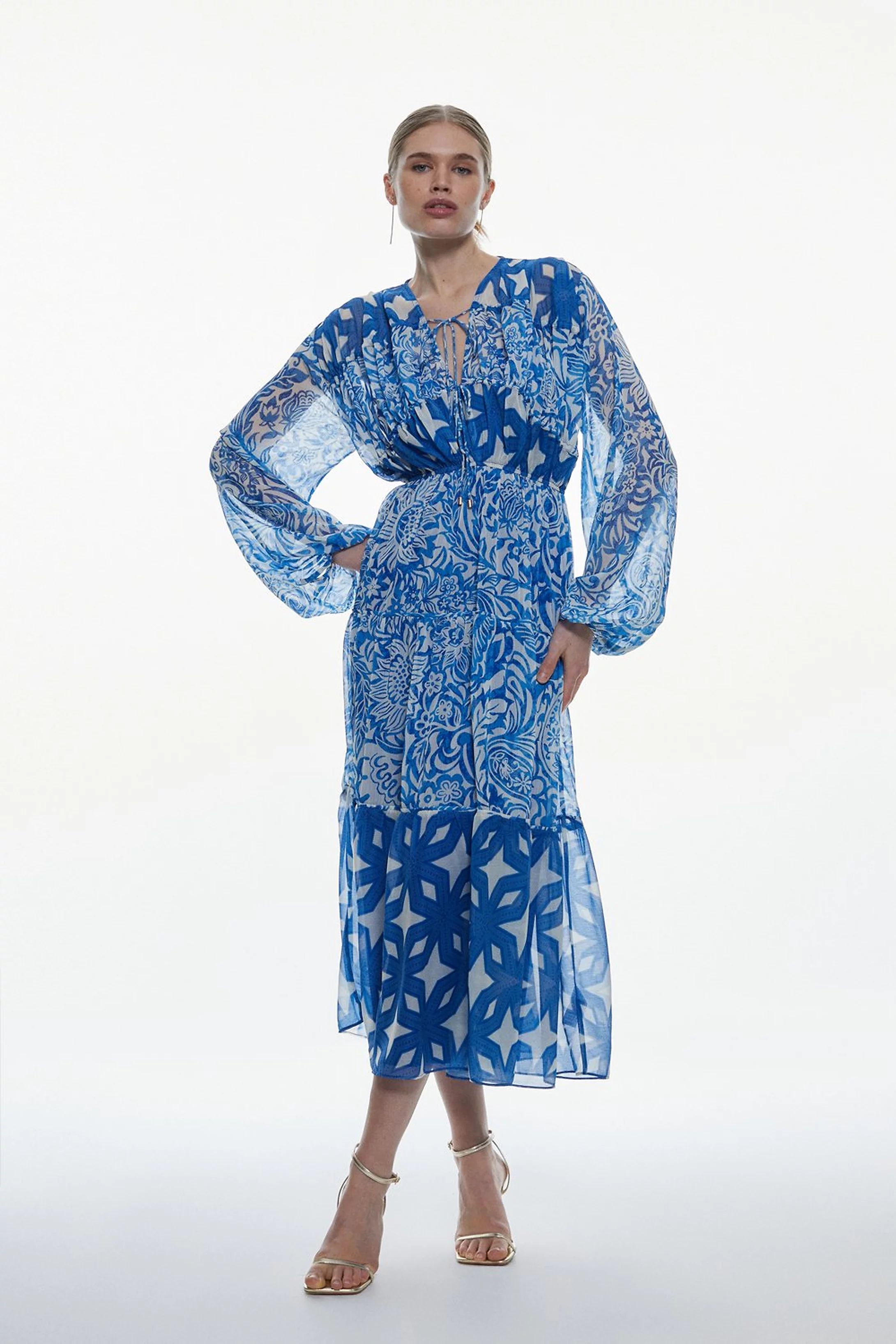 Floral Paisley Crinkle Shirred Tiered Woven Maxi Dress | Karen Millen US