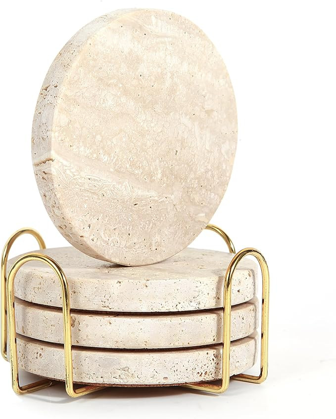 4Pcs Travertine Coasters with Nature Limestone Material and Gold Metal Holder, 4”Diameter Round... | Amazon (US)