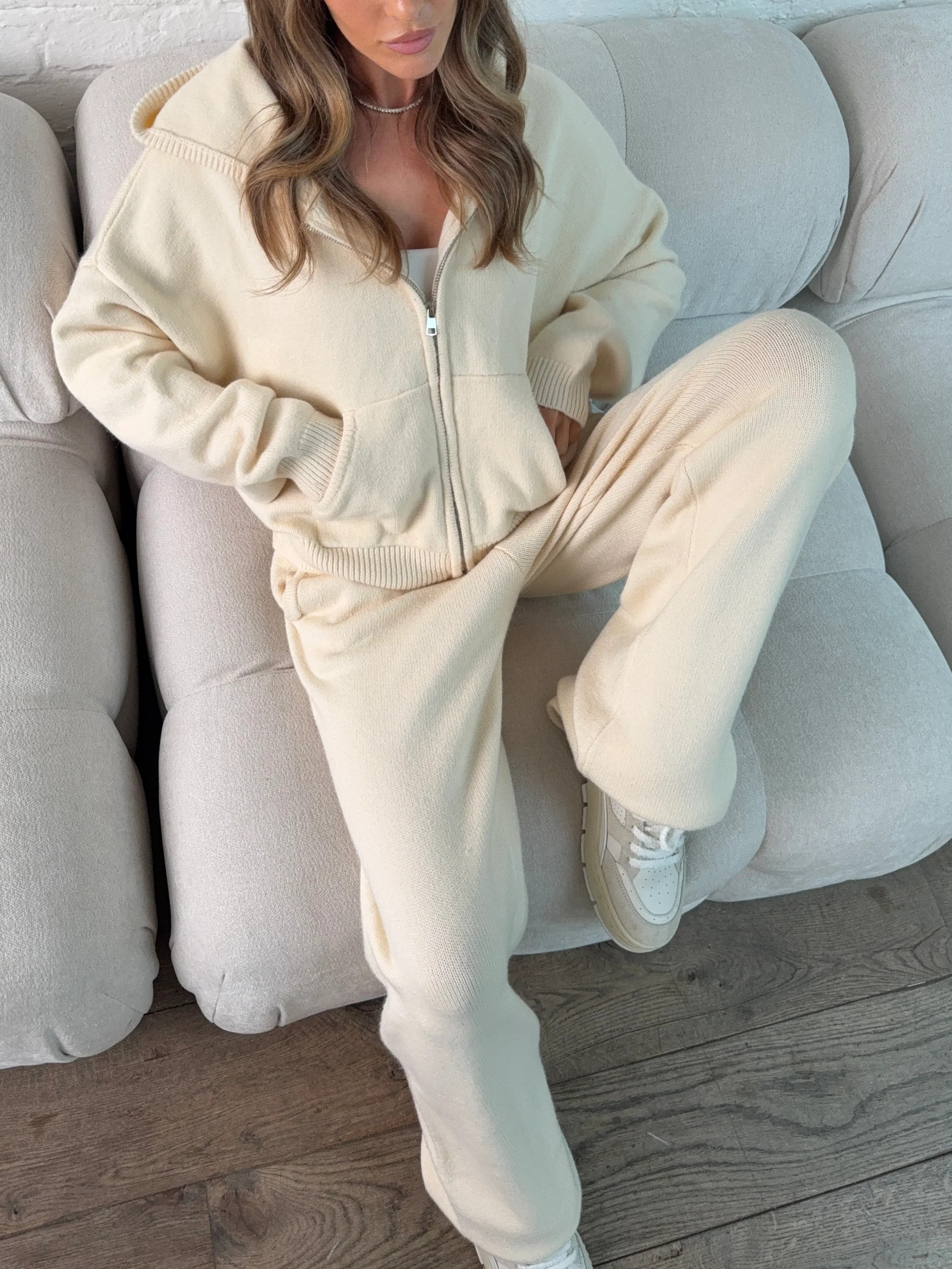 Hooded Knit Tracksuit - Cream | Lola Rae Fashion
