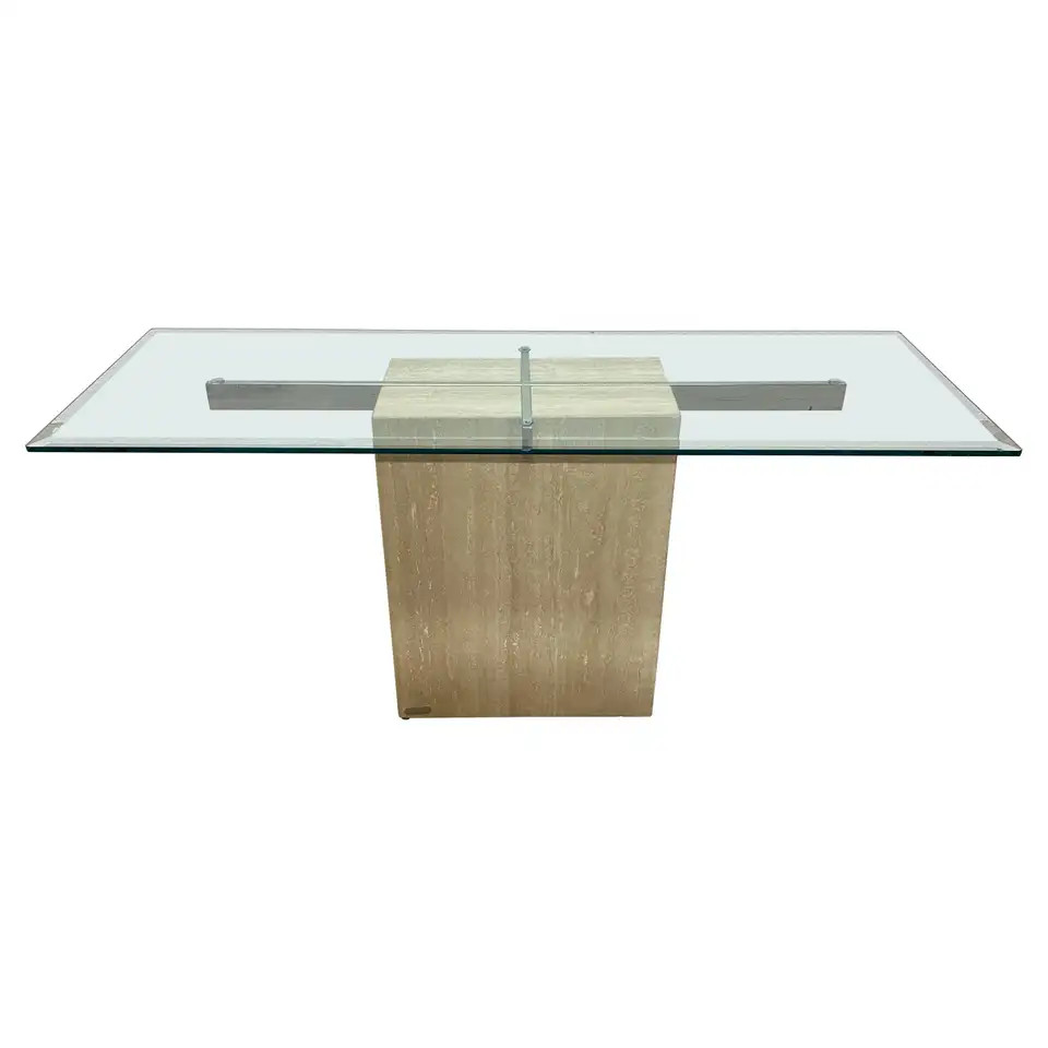 Glass Top Rectangular Travertine and Chrome Console Table by Artedi | 1stDibs