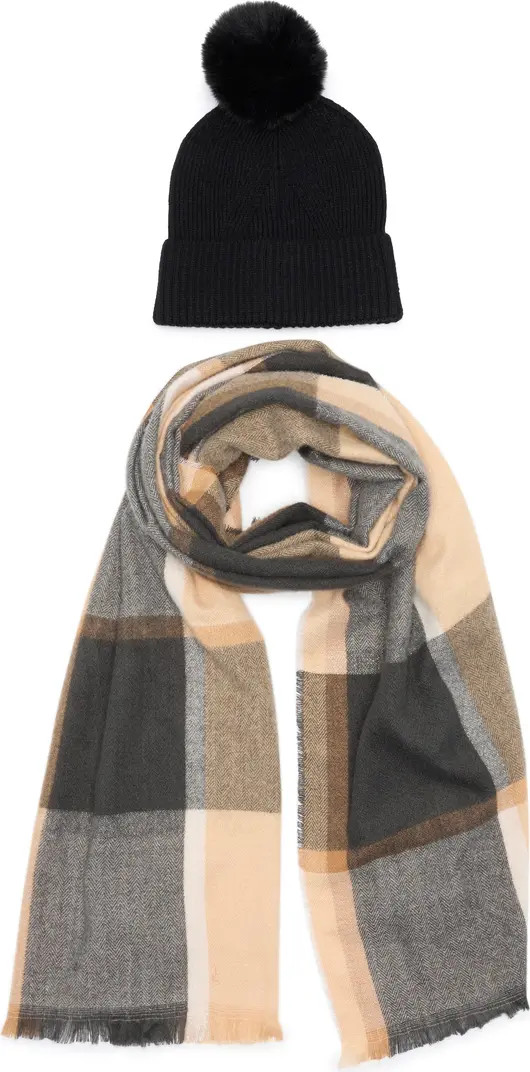 Vince Camuto Pom Beanie & Plaid Scarf Set | Nordstromrack | Nordstrom Rack