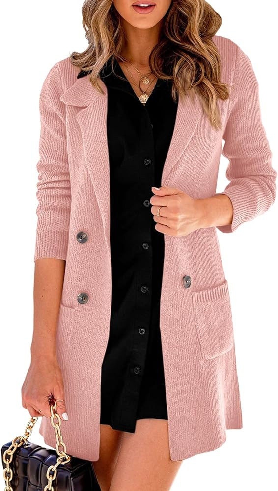 Danedvi Women Open Front Lapel Collar Cardigan Button Down Long Sweaters Cardigan Solid Outerwear... | Amazon (US)