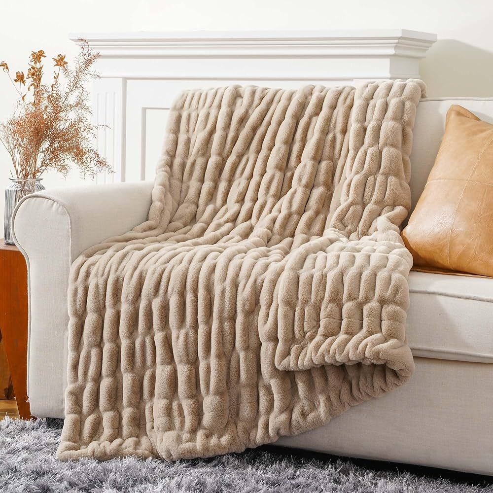 BATTILO HOME Beige Faux Fur Throw Blanket, Double Side Reversible Ruched Rabbit Fur Blanket for C... | Amazon (US)