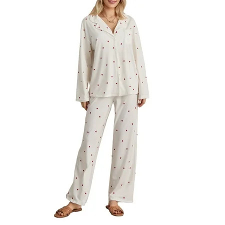 Louatui Women Valentine Pajama Set Heart Print Long Sleeve Button Shirt Tops Drawstring Pjs Pants Sleepwear Loungewear | Walmart (US)