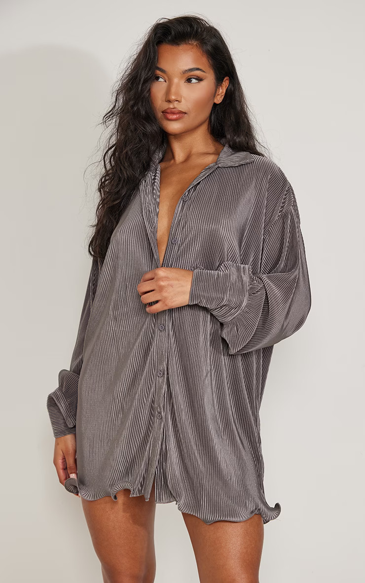Charcoal Plisse Frill Hem Shirt Dress | Pretty Little Thing (Australia & New Zealand)