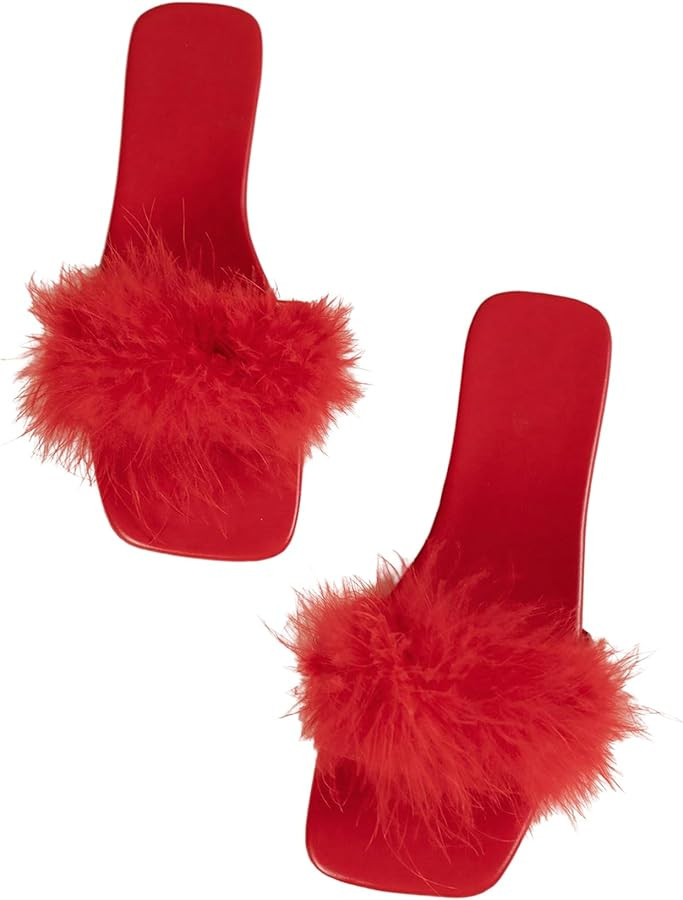 Women's Sexy Flat Sandals Fuzzy Feather Dressy Flat Sandals Slip On Square Slipper Open Toe Fuzzy... | Amazon (US)