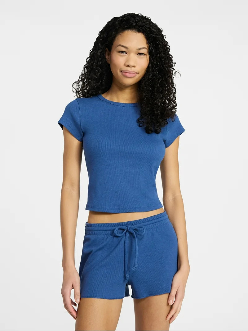 No Boundaries Sleep Ribbed Tee and Shorts Set, 2-Piece, Women’s XXS-3X | Walmart (US)
