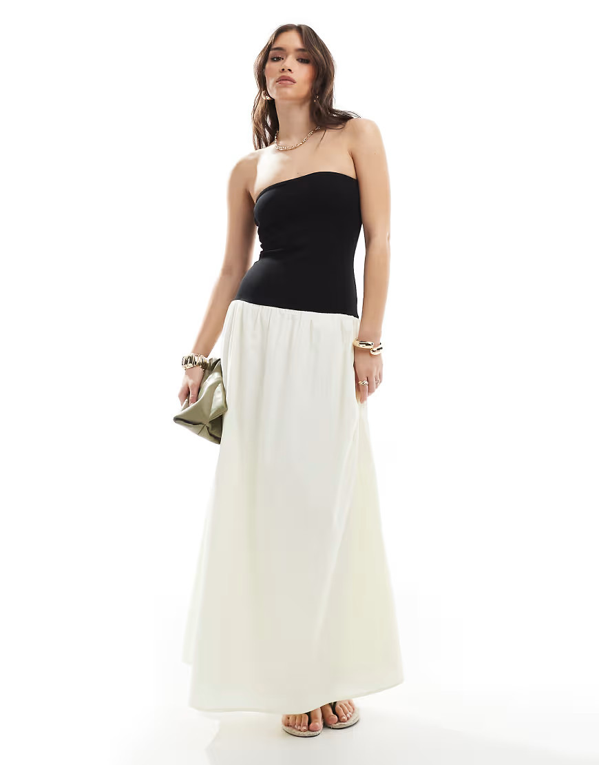4th & Reckless bandeau contrast drop waist maxi dress in black and cream | ASOS (Global)