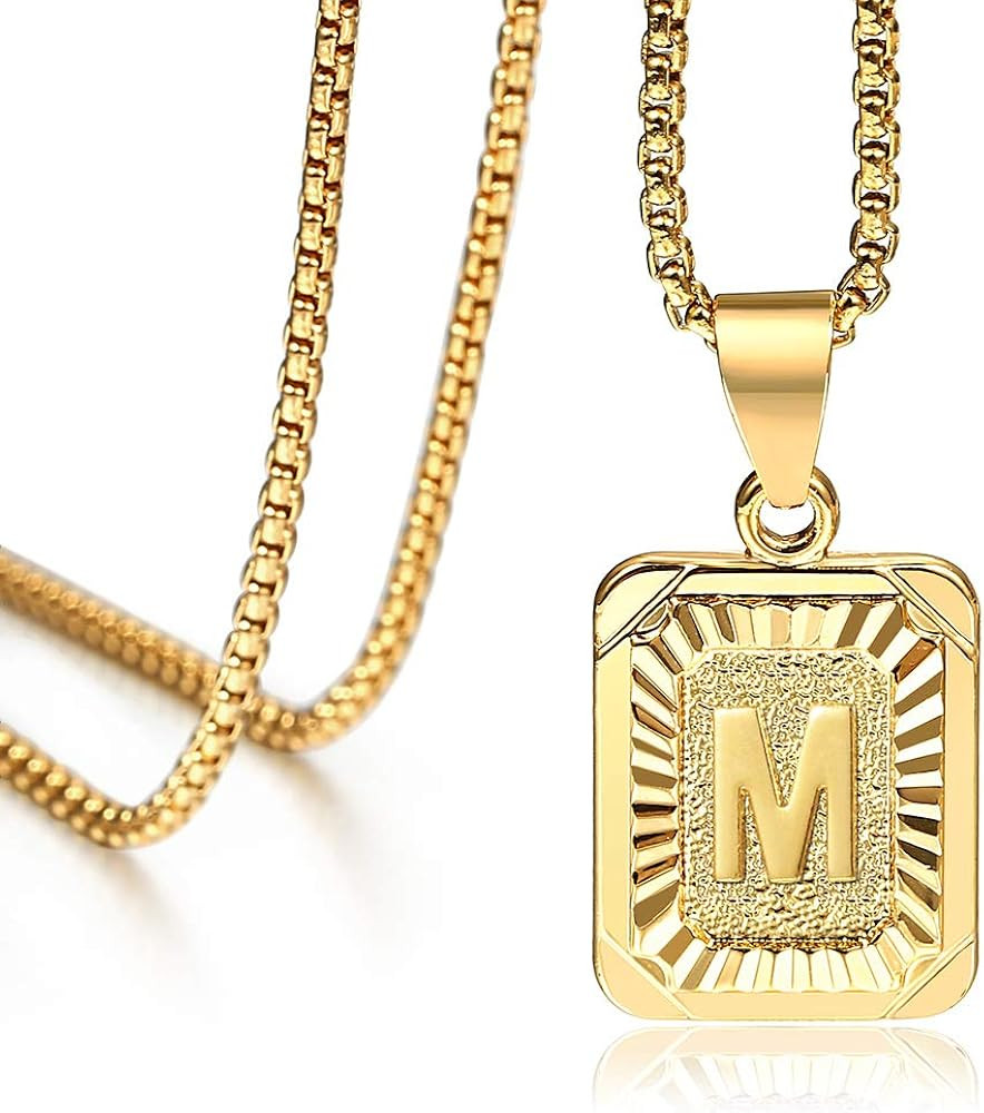 26 Gold Plated Square Capital Initial Letter Charm Pendant Necklace for Men Women Box Steel Chain... | Amazon (US)