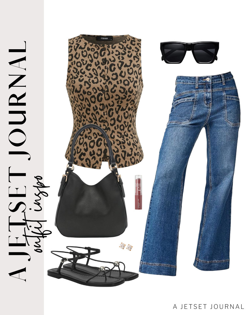 This tan animal-print tank from CIDER is perfect with these chic jeans from EVALESS. The matching leather bag and strappy flat sandals complement the look. This pair of stylish stud earrings is perfect for this fit, too.

#LTKSeasonal #LTKSaleAlert #LTKTravel
 

 