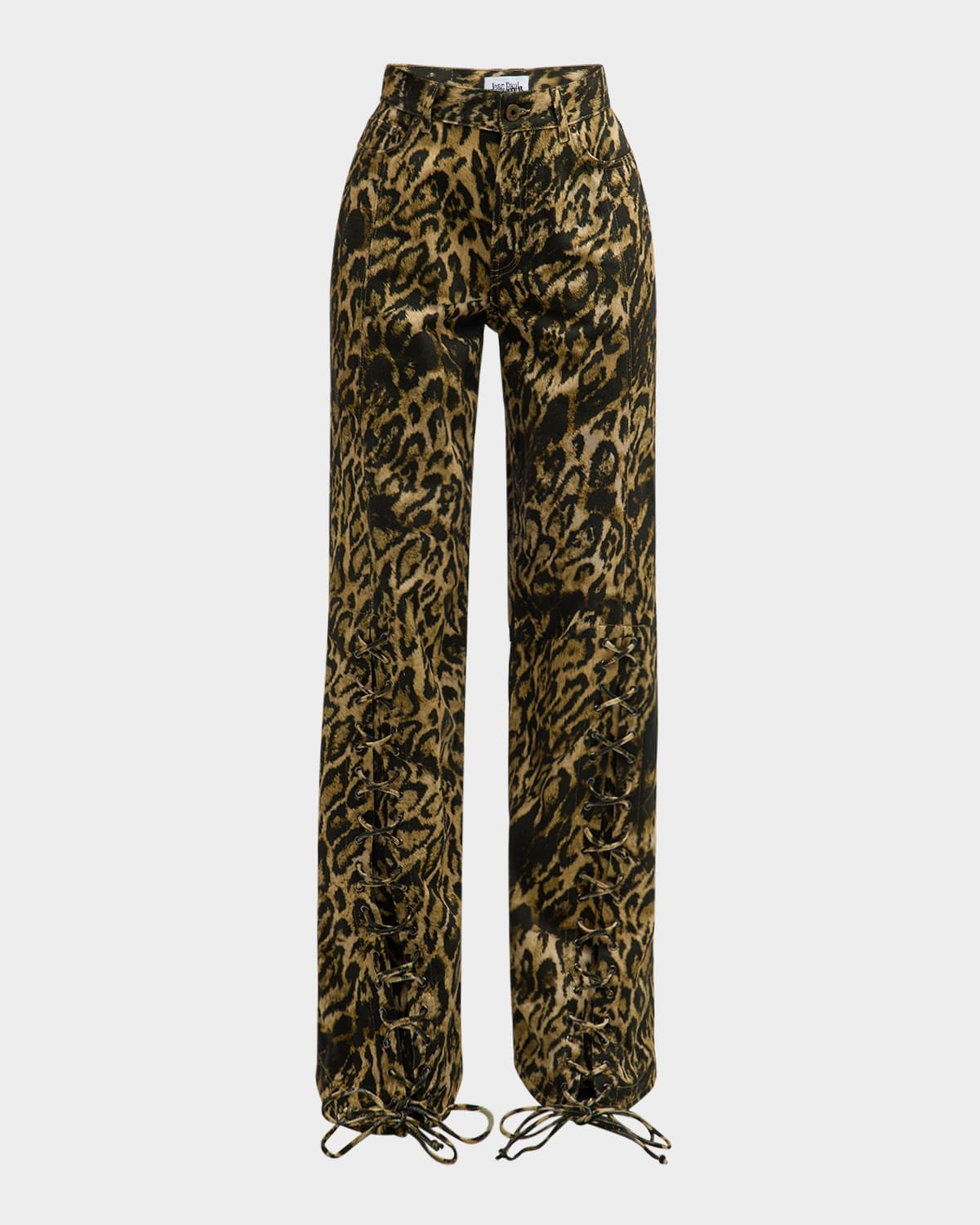Leopard-Print Laced Wide-Leg Denim Pants | Neiman Marcus