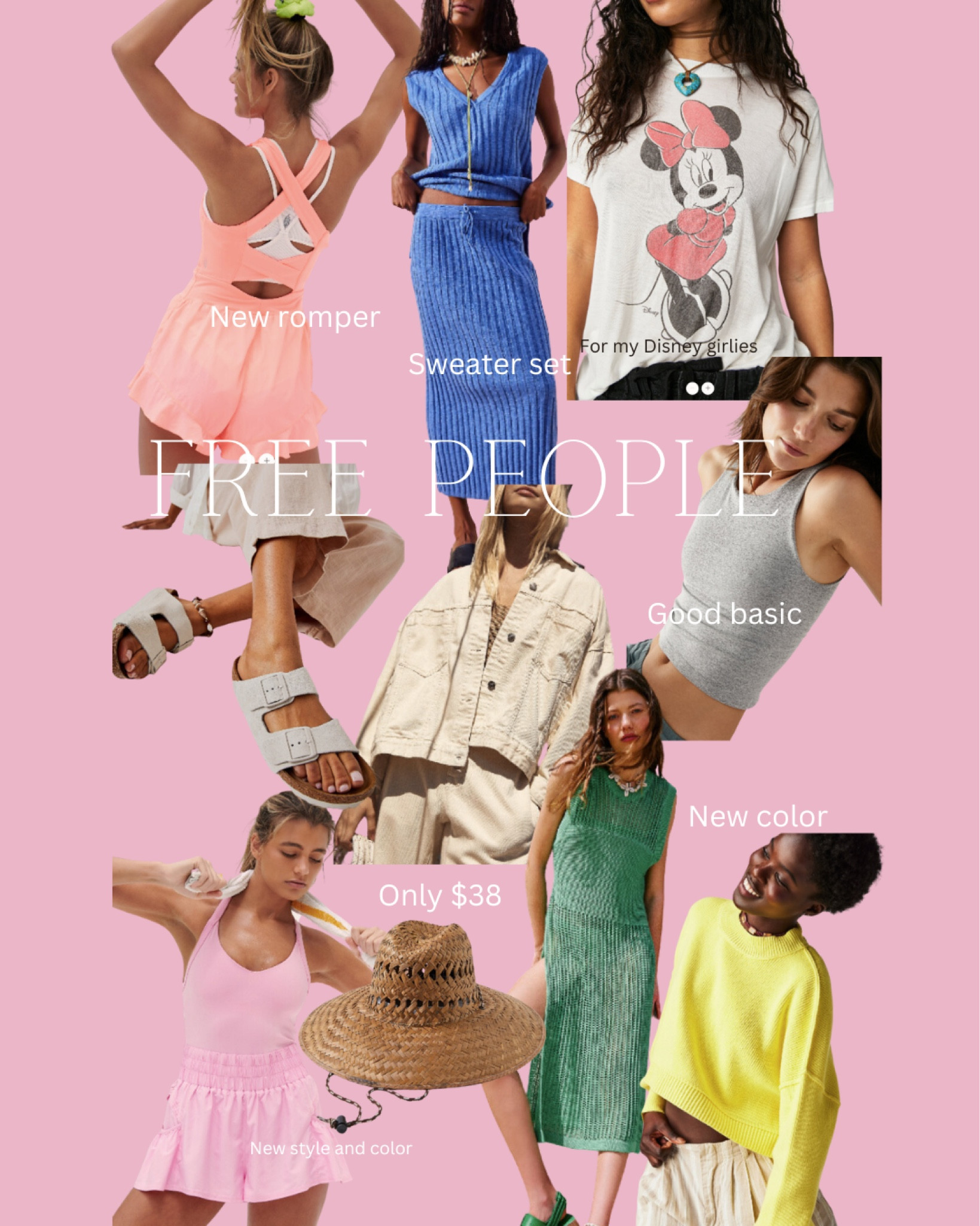 Free people 
Minnie 
Disney 
Romper 
Sweater 
Sun hat


#LTKstyletip #LTKunder100 #LTKunder50