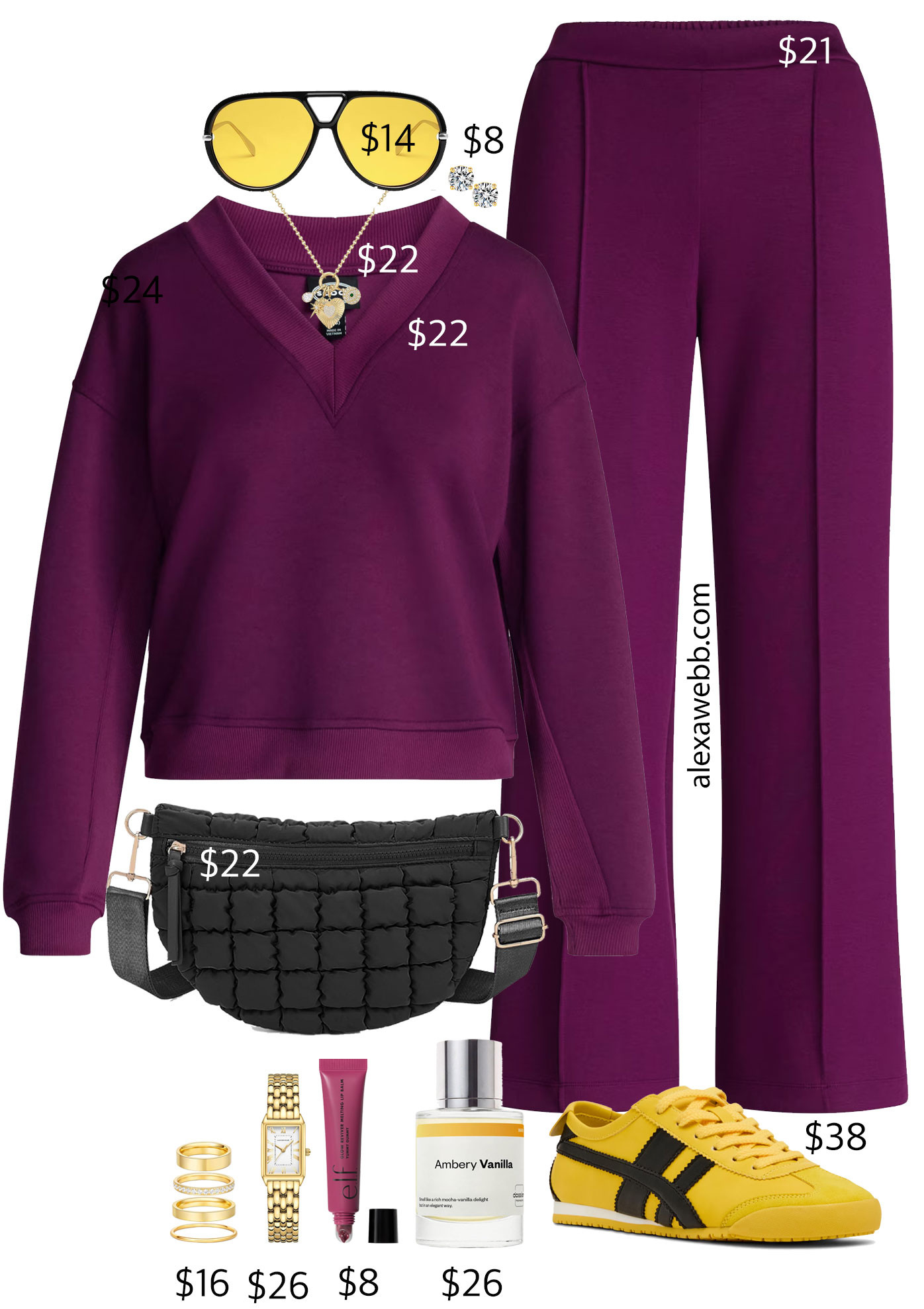 A plum wine athleisure set for my “plus size on a budget series!” I styled this wine colored v-neck sweatshirt and seamed sweatpants made of scuba knit a bit sporty.
Let's start with the star of the show: the yellow sneakers.  

They look a whole lot like the Onitsuka Tiger Mexico 66 sneakers that Uma Thurman wore in Kill Bill.  Iconic!
But, at a MUCH better price!

And at risk of being a little "matchy-matchy," I added some yellow and black aviator sunglasses.  I don't care, I love the combo!

For the bag, try a black quilted nylon bum bag.  Need a longer strap?  Try the extended one linked below.
Alexa Webb #plussize 

 #LTKOver40 #LTKMidsize #LTKPlusSize