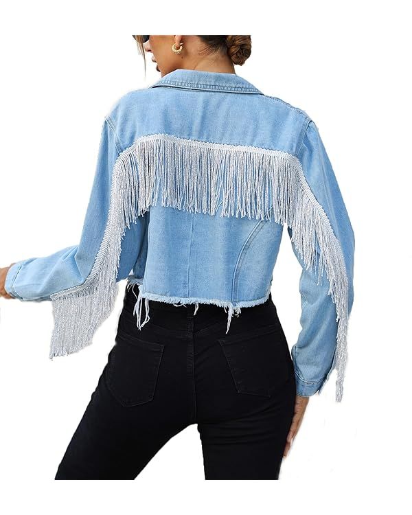 Zeagoo Women Denim Jacket Casual Long Sleeve Distressed Ripped Cropped Coat Fringe Jean Jacket XS... | Amazon (US)