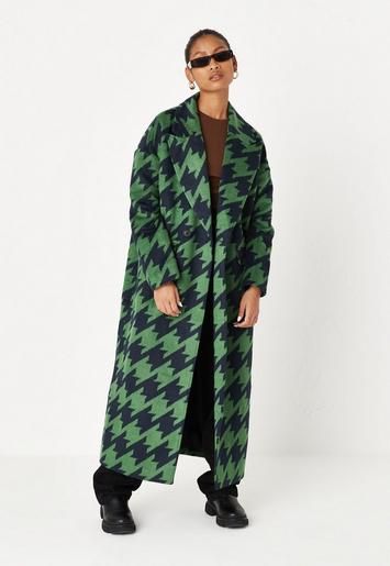 Missguided - Green Oversized Houndstooth Maxi Formal Coat | Missguided (US & CA)