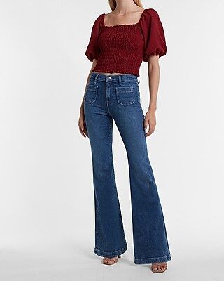 High Waisted Patch Pocket Flare Jeans | Express