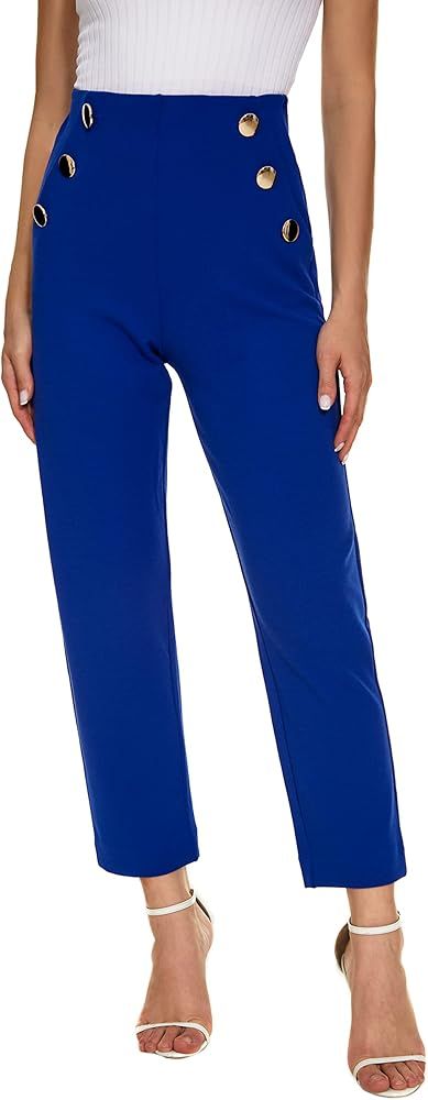Women's Casual High Waisted Ankle Cropped Pants Elastic Waistband Slant Pockets with Metal Button... | Amazon (US)