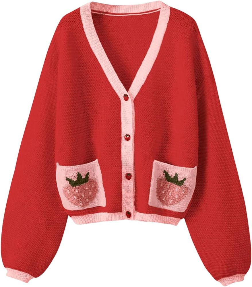 SHENHE Women's Strawberry Pattern Open Front Bishop Sleeve Casual Cardigan | Amazon (US)