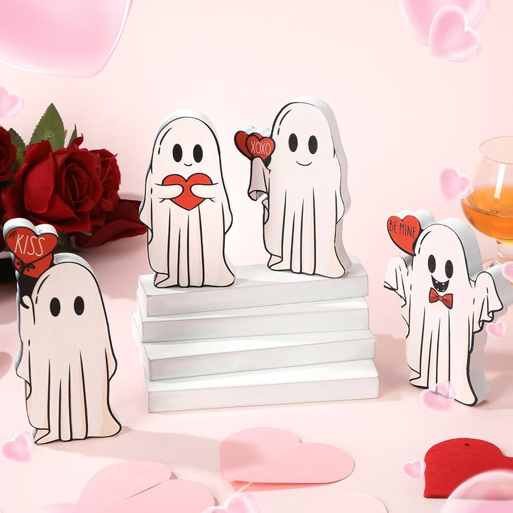 Thyle 4 Pieces Valentine's Day Tiered Tray Decor Valentine's Day White Ghosts Wooden Signs Wood Cute Ghost Figurine Farmhouse Cute Table Sign for Kitchen Decoration Home Table Centerpiece Party | Amazon (US)