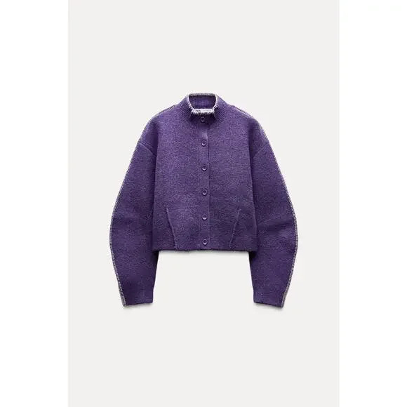 Zara High Collar Knit Cardigan Sweater - S Dark Purple | Poshmark