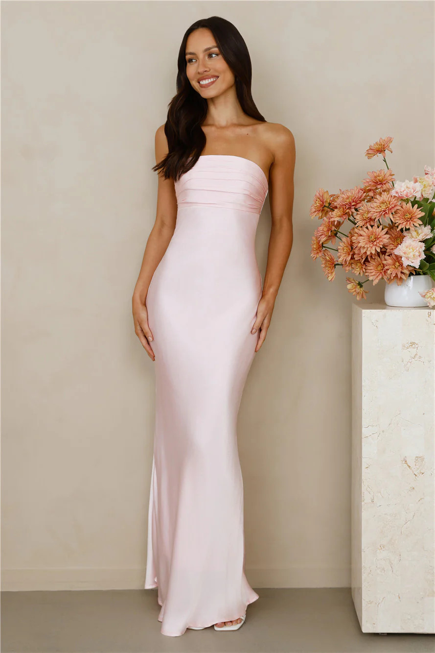 The Seraphina Strapless Satin Maxi Dress Pink | Hello Molly (US)