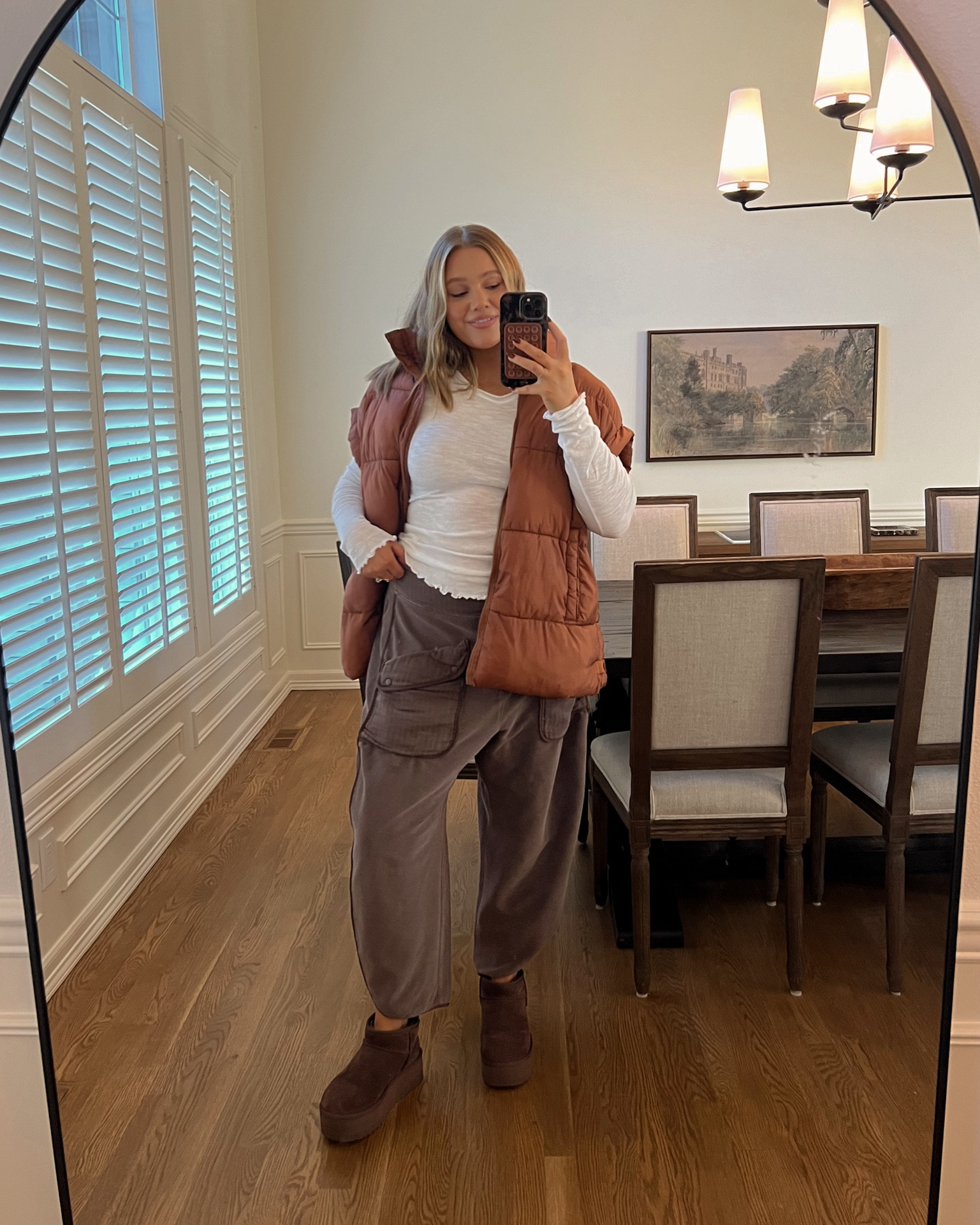 Sized up 1 to a L for white shirt, FP movement puffer vest is true to size M and so many colors it’s so cozy and warm and runs oversized! Pants are true to size and I love this soft barrel leg pant great option aside from leggings! 

FPmovement, fall style, athleisure 