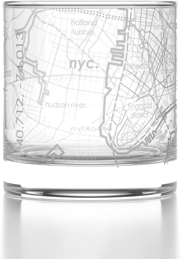Engraved New York City Map Rocks Glass, Old Fashioned Whiskey Glass (11 oz, Clear) Etched Whiskey... | Amazon (US)