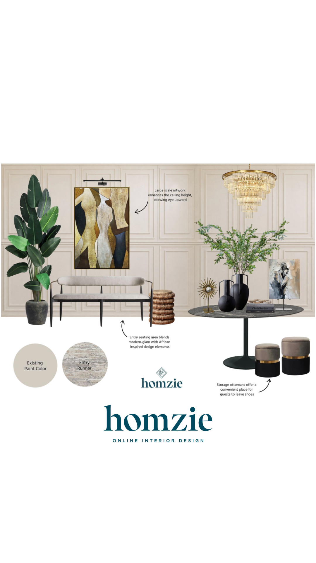 Contemporary entryway design featuring bench, abstract art, floor tree, circle entryway table, ottomans, chandelier, decor, etc.

#LTKHome #LTKFavorites #LTKFinds #HomeStyleDaily  

 #LTKHome