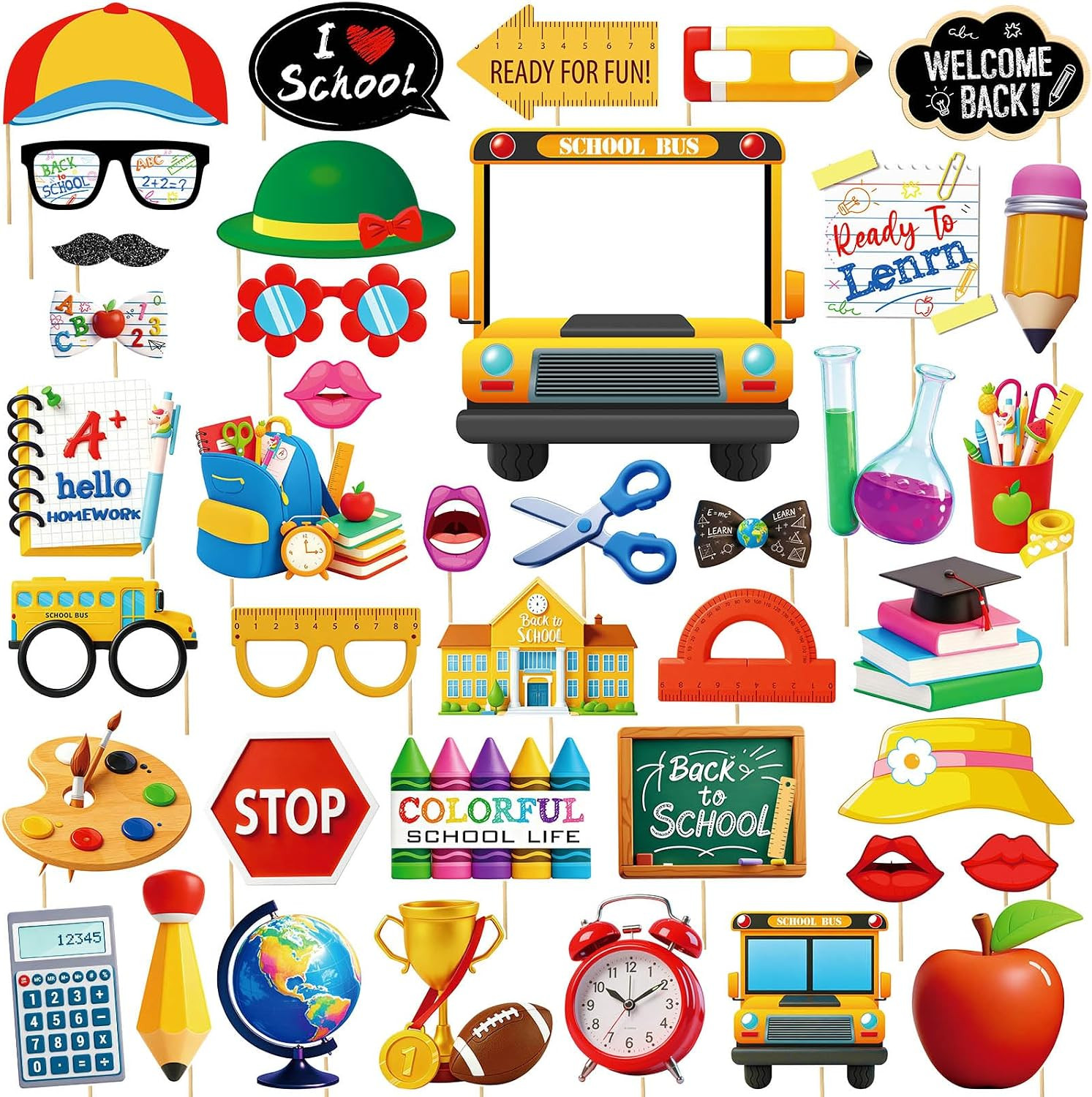40PCS Back to School Decorations - Photo Booth Props with 11.5x12 Selfie Frame, First Day of School Party Supplies for Classroom, Teacher Student Preschool Kindergarten Photo Props | Amazon (US)
