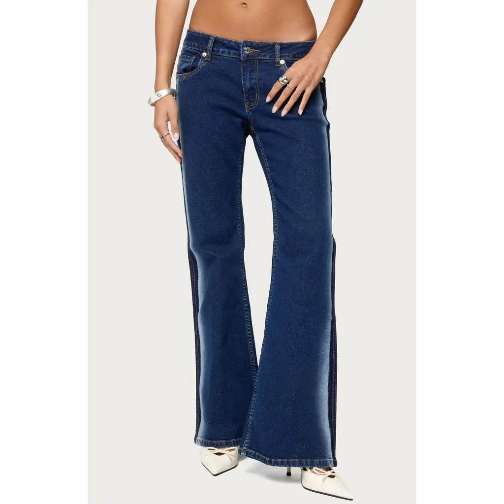 EDIKTED Airbrushed Low Rise Flare Jeans in Dark-Blue-Washed at Nordstrom, Size X-Small | Nordstrom
